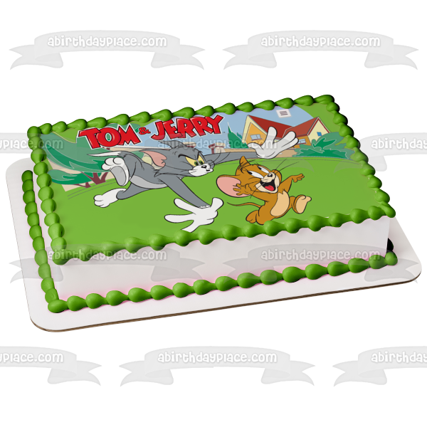 Tom and Jerry Tom Chasing Jerry Grass Trees House Edible Cake Topper Image ABPID11188