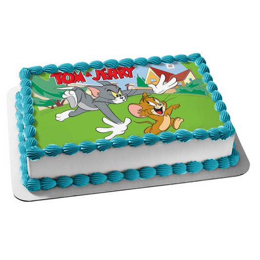 Tom and Jerry Tom Chasing Jerry Grass Trees House Edible Cake Topper Image ABPID11188