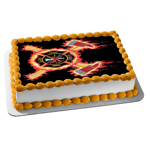 Fire Department Maltese Cross Flames Logo Edible Cake Topper Image ABPID11557