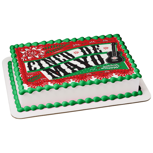Decoración comestible para tarta con bandera del Cinco de Mayo, guitarra negra, rojo y verde, imagen ABPID11380 
