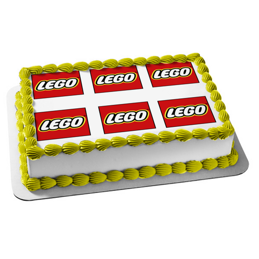 Adorno comestible para tarta con fondo rojo y logotipos de LEGO, imagen ABPID11396 