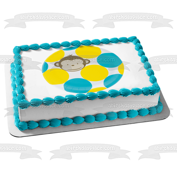 Cartoon Monkey Blue Yellow Polka Dot Background Edible Cake Topper Image ABPID11497