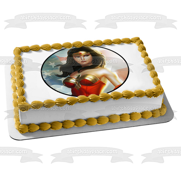 DC Comics Wonder Woman Justice League American Flag Waving Edible Cake Topper Image ABPID11817