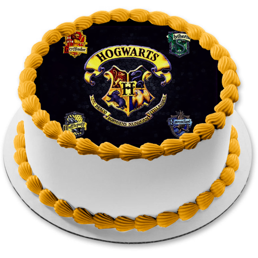 Harry Potter Hogwarts Crests Gryffindor Hufflepuff Hogwarts Emblem Ravenclaw Slytherin Black Background Edible Cake Topper Image ABPID11867