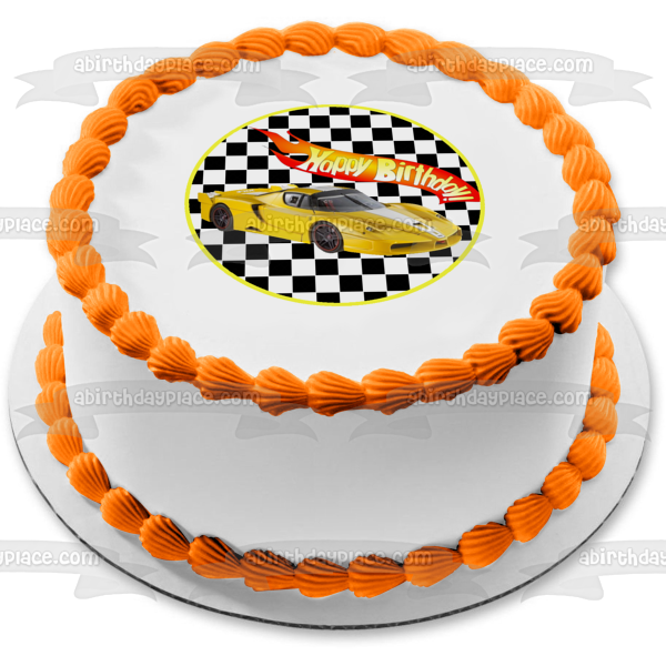 Mattel Hot Wheels Happy Birthday Yellow Race Car Edible Cake Topper Image ABPID12135