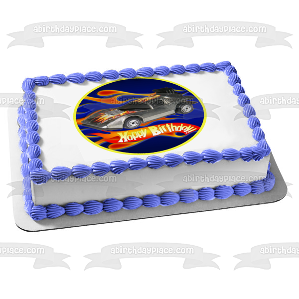 Mattel Hot Wheels Happy Birthday Silver Race Car Edible Cake Topper Image ABPID12139