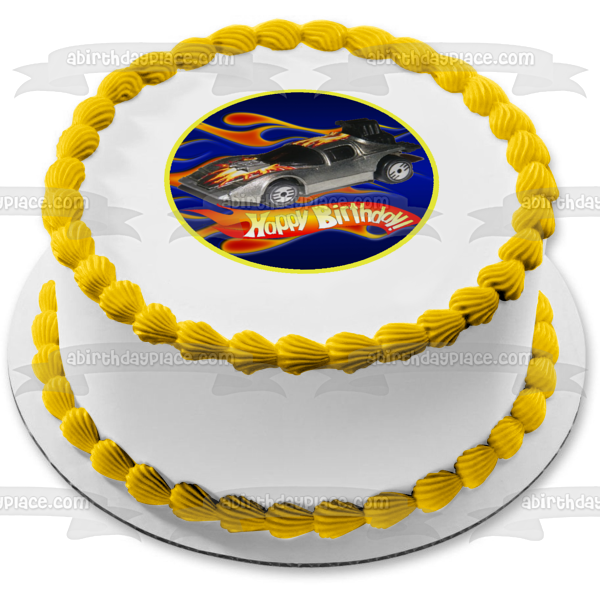 Mattel Hot Wheels Happy Birthday Silver Race Car Edible Cake Topper Image ABPID12139