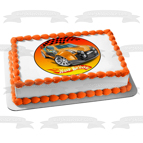 Mattel Hot Wheels Happy Birthday Orange Race Car Edible Cake Topper Image ABPID12142
