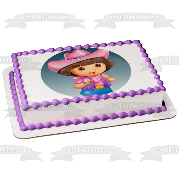 Dora the Explorer Backpack Cowgirl Hat and Belt Edible Cake Topper Image ABPID12190