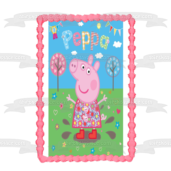 Peppa Pig Heart Trees Flowers Edible Cake Topper Image ABPID12346