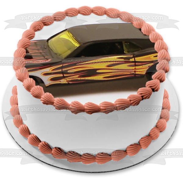 Custom Race Car Black and Yellow Flames Edible Cake Topper Image ABPID12390