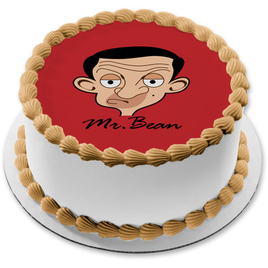 Imagen de decoración comestible para tarta con fondo rojo de la cara de dibujos animados de Mr. Bean ABPID12975 