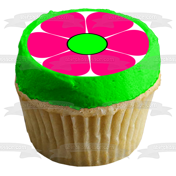 Pink and Green Cartoon Flower Edible Cake Topper Image ABPID12986