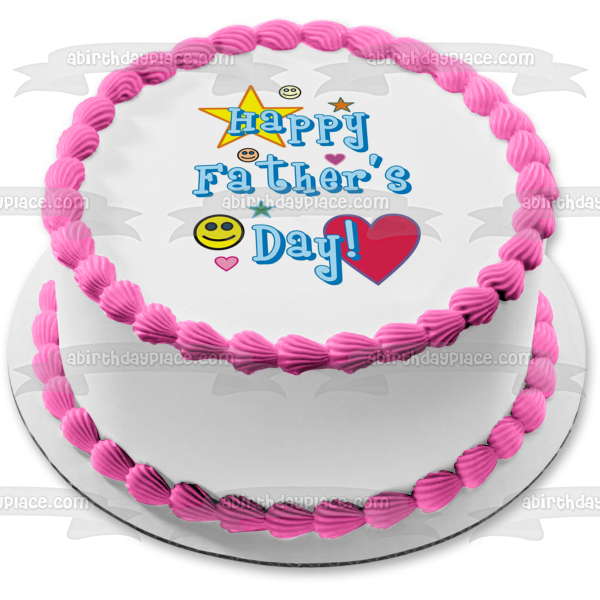 Happy Father's Day Colorful Hearts Stars and Smiley Faces Edible Cake Topper Image ABPID54045
