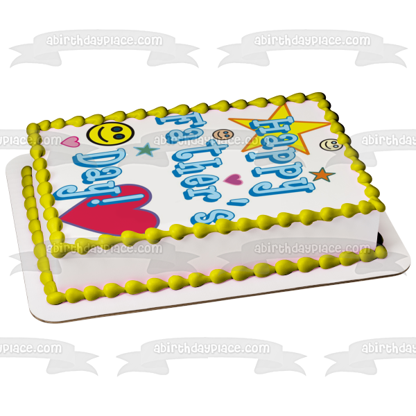 Happy Father's Day Colorful Hearts Stars and Smiley Faces Edible Cake Topper Image ABPID54045