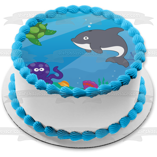 Ocean Under the Sea Turtle Dolphin Sea Star Edible Cake Topper Image ABPID13029