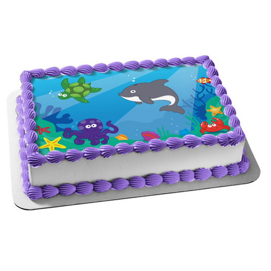 Ocean Under the Sea Turtle Dolphin Sea Star Edible Cake Topper Image ABPID13029