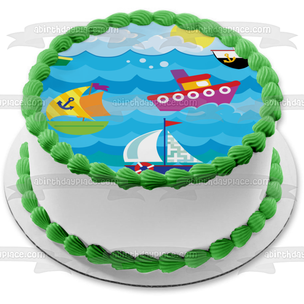 Ocean Boats Waves Submarine Lighthouse Edible Cake Topper Image ABPID13033