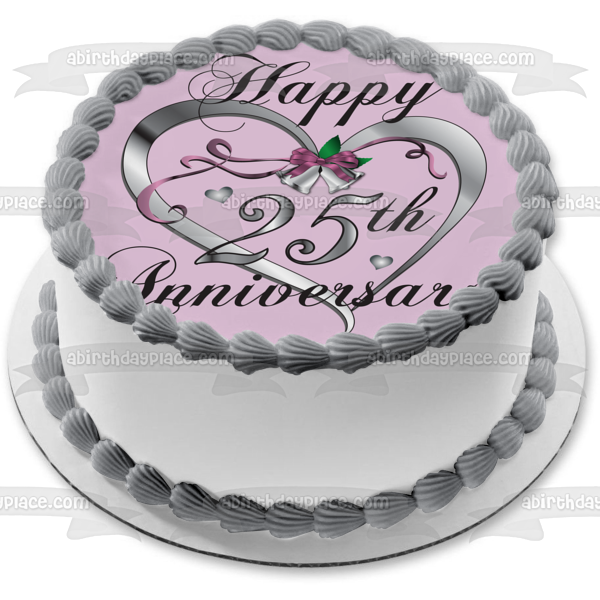 Happy 25th Anniversary Silver Heart Edible Cake Topper Image ABPID13041