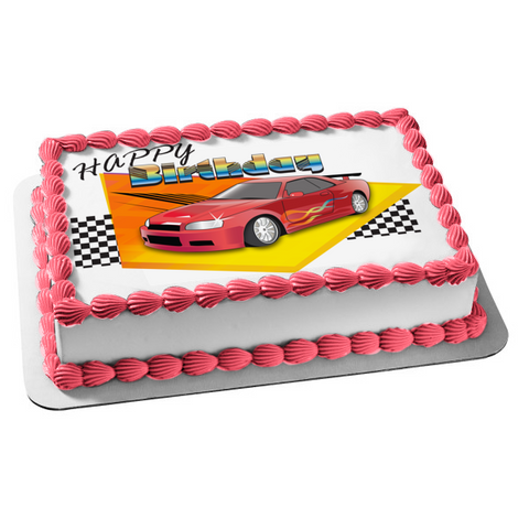 Happy Birthday Racing Red Car Checkered Flag Edible Cake Topper Image ABPID13062