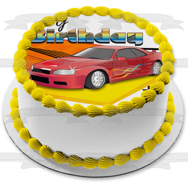 Happy Birthday Racing Red Car Checkered Flag Edible Cake Topper Image ABPID13062