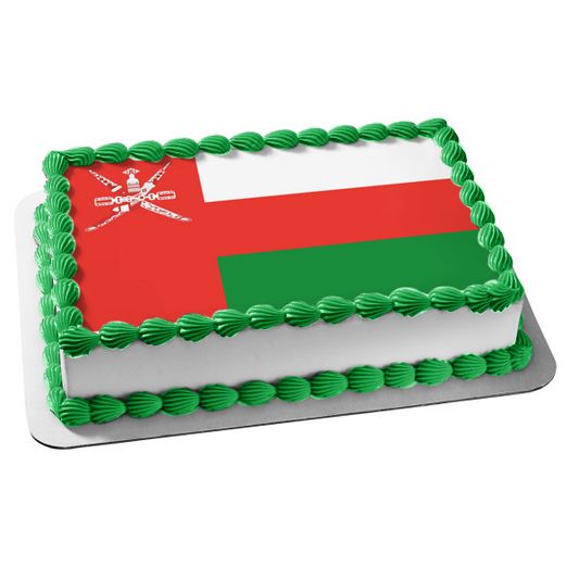 La bandera nacional de Omán, rojo, blanco, verde, emblema nacional de Omán, decoración comestible para tarta, imagen ABPID13066 
