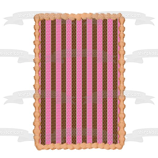 Pink and Brown Vertical Ribbon Stripes with White Dots Edible Cake Topper Image ABPID13069