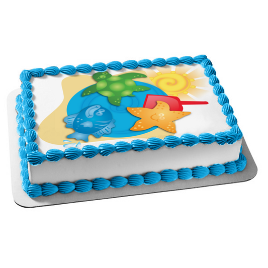 Decoración comestible para tarta con diseño de playa, océano, sol, estrella de mar, tortuga, pez, imagen ABPID13071 