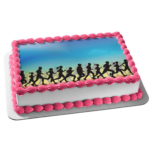 Imagen comestible para tarta con siluetas de corredores de maratón, nubes de cielo azul, ABPID13200 