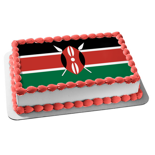 Flag of Kenya Black Green Red Stripes Red White and Black Maasai Shield and Two Crossed Spears Edible Cake Topper Image ABPID13208