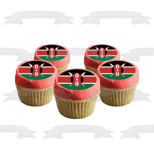 Flag of Kenya Black Green Red Stripes Red White and Black Maasai Shield and Two Crossed Spears Edible Cake Topper Image ABPID13208