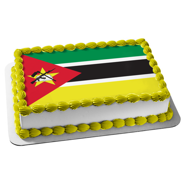 The Flag of Mozambique Green Black Red Yellow Dawning an Ak-47 with a Bayonet Attached to the Barrel Edible Cake Topper Image ABPID13089