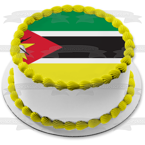 The Flag of Mozambique Green Black Red Yellow Dawning an Ak-47 with a Bayonet Attached to the Barrel Edible Cake Topper Image ABPID13089