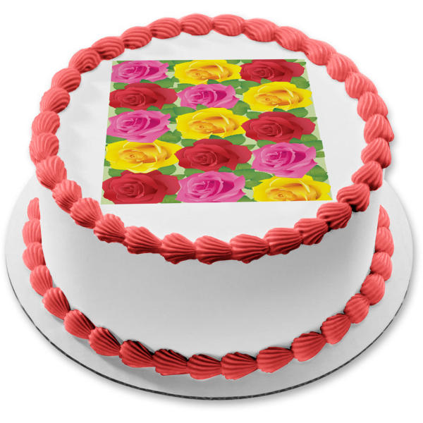Roses Pink Yellow Red Leaves Pattern Edible Cake Topper Image ABPID13090