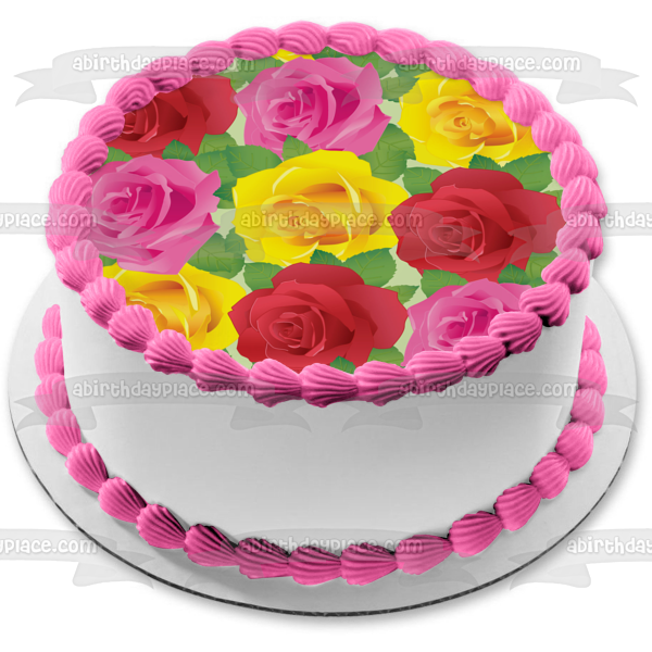 Roses Pink Yellow Red Leaves Pattern Edible Cake Topper Image ABPID13090