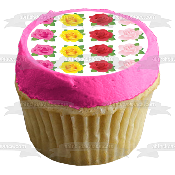 Roses Pink Yellow Red Purple Pattern Edible Cake Topper Image ABPID13092