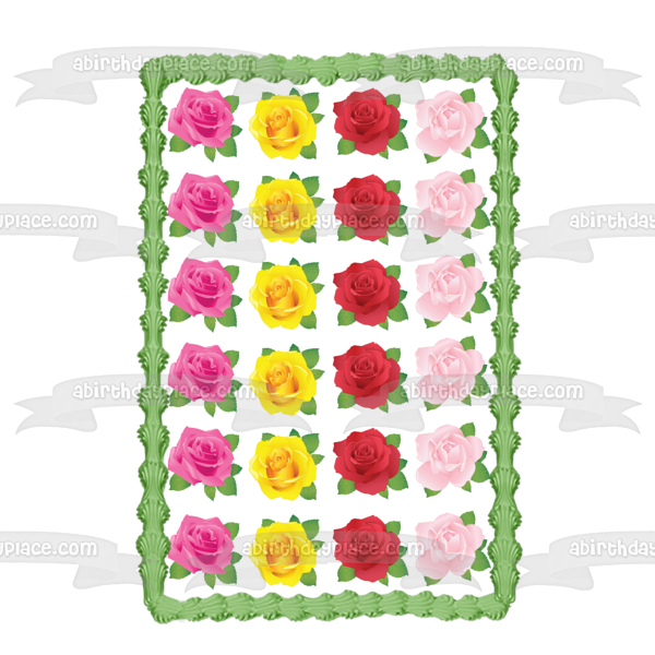 Roses Pink Yellow Red Purple Pattern Edible Cake Topper Image ABPID13092