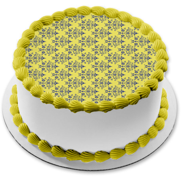 Blue Damask Pattern Yellow Background Edible Cake Topper Image ABPID13093