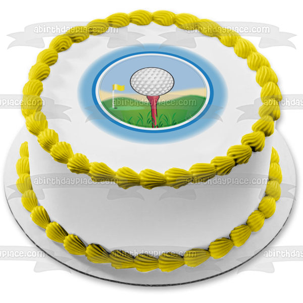 Golf Cartoon Golf Ball Yellow Flag Pink Tee Edible Cake Topper Image ABPID13094