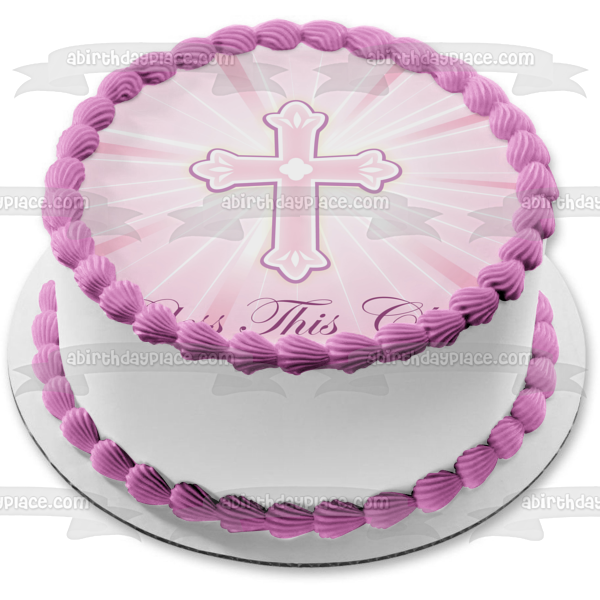 Baby Christening Bless This Child Cross Pink Edible Cake Topper Image ABPID13096
