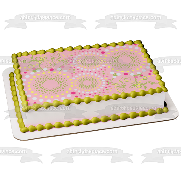 Polka Dot Flowers Spiral Green Vines Pink Background Edible Cake Topper Image ABPID13097