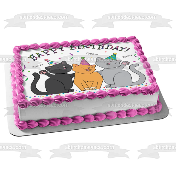 Happy Birthday Cats Meow Party Hats Streamers Edible Cake Topper Image ABPID13214