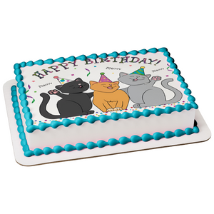 Happy Birthday Cats Meow Party Hats Streamers Edible Cake Topper Image ABPID13214