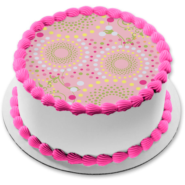 Polka Dot Flowers Spiral Green Vines Pink Background Edible Cake Topper Image ABPID13097