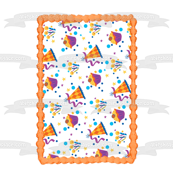 Birthday Party Pattern Party Hats Cupcakes Streamers Stars Edible Cake Topper Image ABPID13101