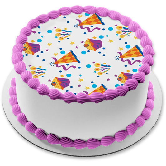 Birthday Party Pattern Party Hats Cupcakes Streamers Stars Edible Cake Topper Image ABPID13101