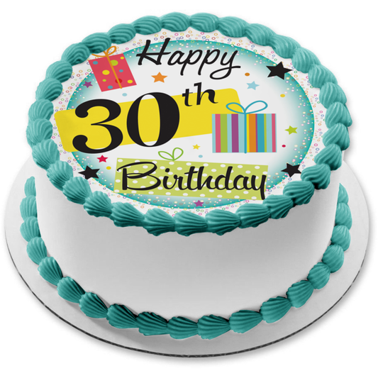 Happy 30th Birthday Presents Stars Edible Cake Topper Image ABPID13219