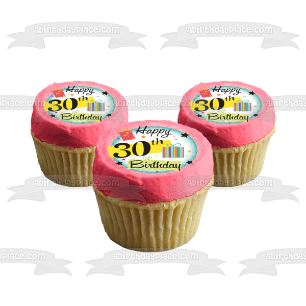 Happy 30th Birthday Presents Stars Edible Cake Topper Image ABPID13219