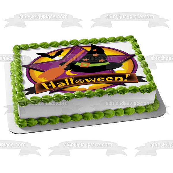 Happy Halloween Witch Hat Broomstick Bats Moon Stars Edible Cake Topper Image ABPID13226