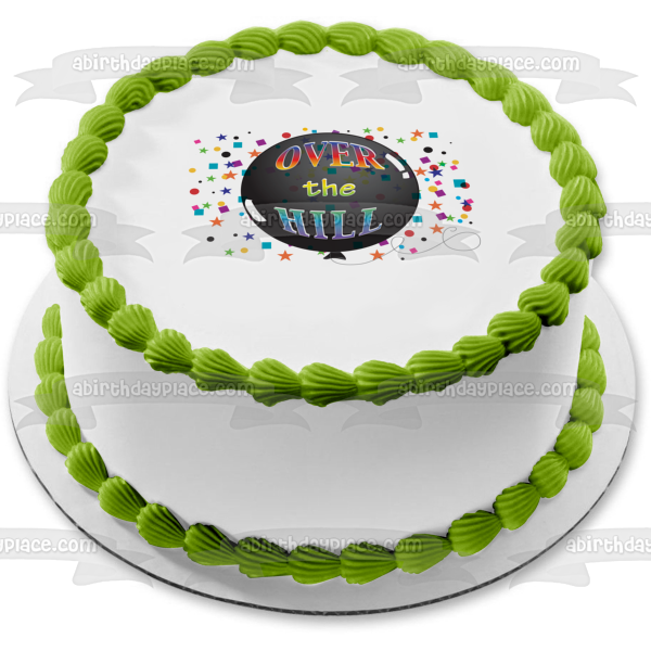 Happy Birthday Over the Hill Black Balloon Stars Squares Confetti Edible Cake Topper Image ABPID13110